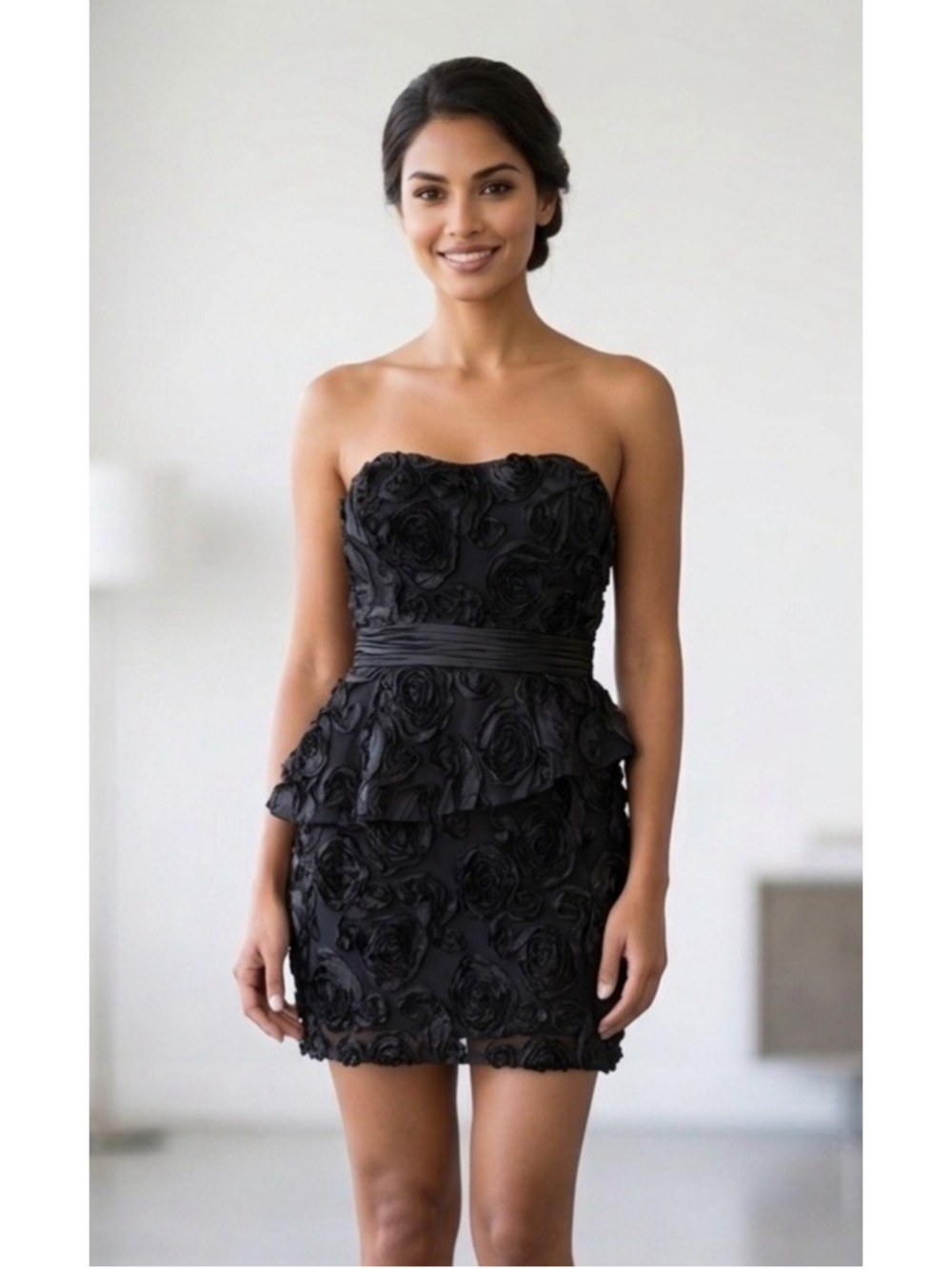Aidan Mattox Strapless Rosette Mini Dress Sz 6 Cocktail 3-D Minimalist Party LBD